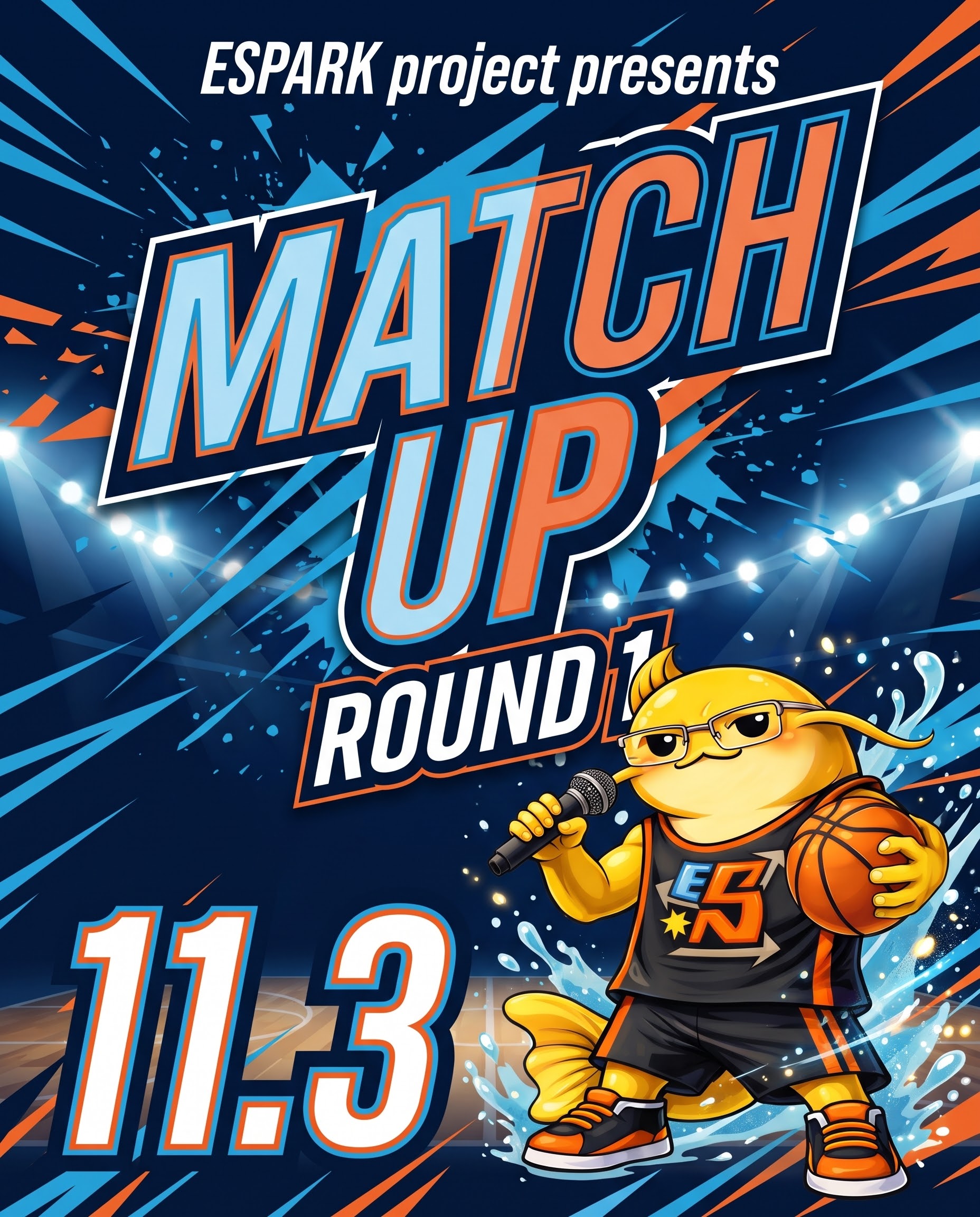 MATCH UP ROUND1の大会ビジュアル。ESPARK project presents、MCゴールデンナマズマンと11月3日の大会イメージ